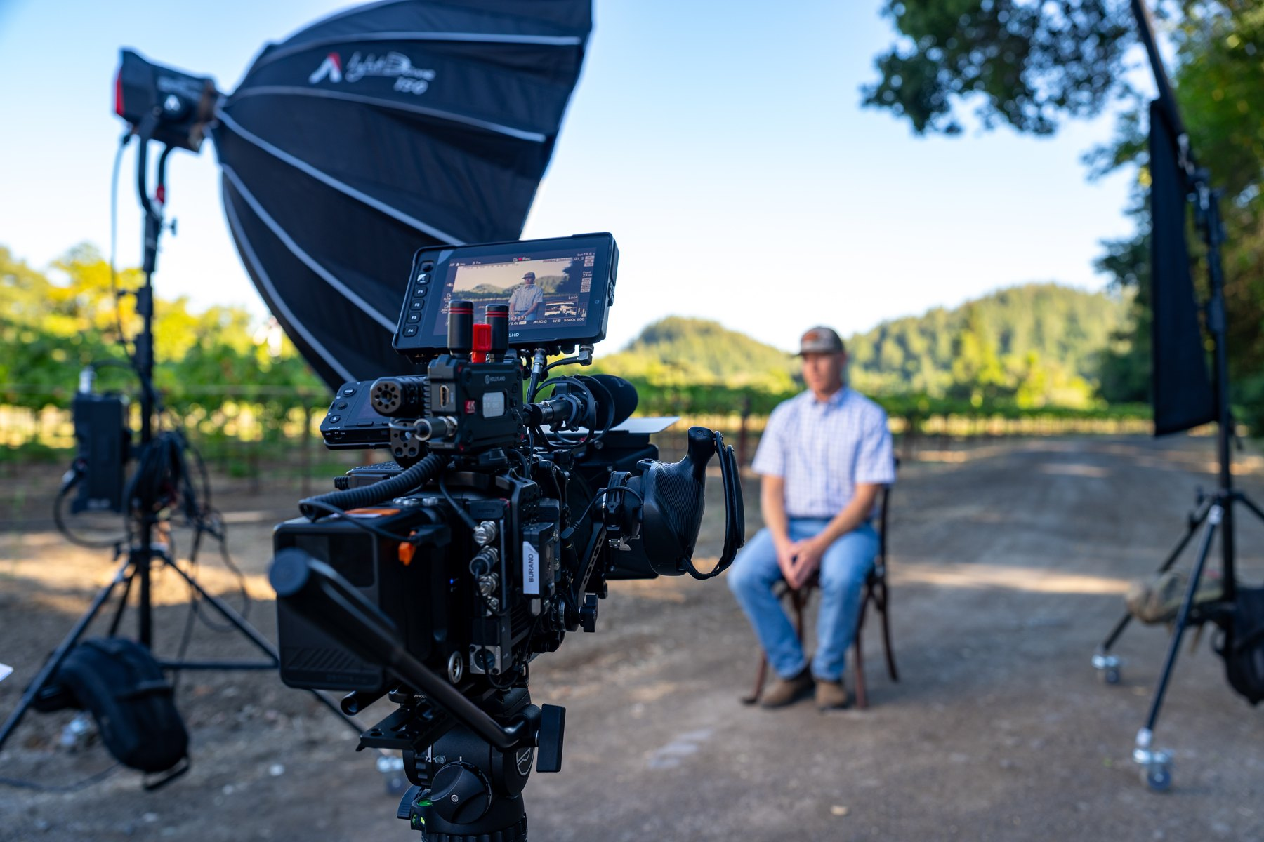 BURANO and lighting arranged for an outdoor vineyard interview