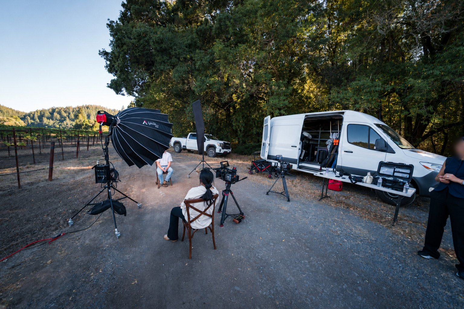 Wide view of a two-camera vineyard interview with key light and negative fill