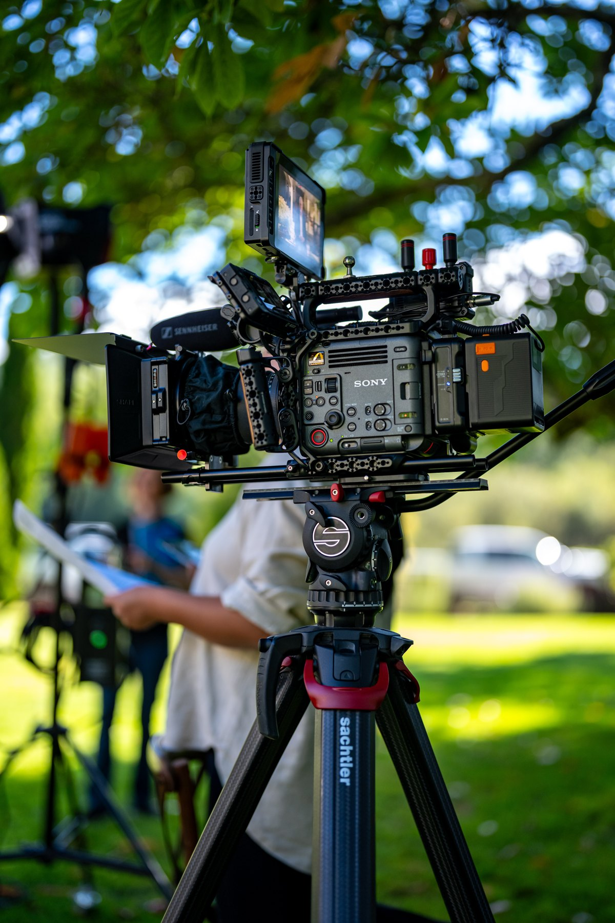 BURANO camera rig on a tripod beneath tree shade