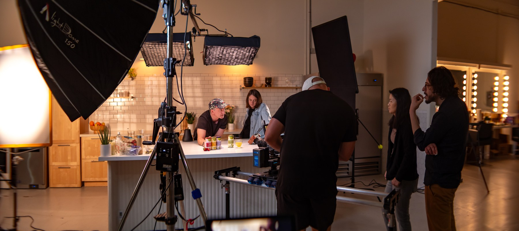 The team working through a product setup with the dolly.